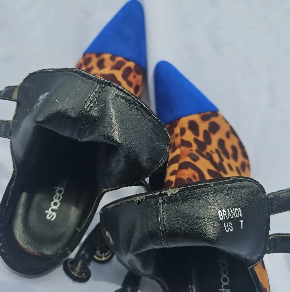 Shoe Dazzle Leopard Print Ankle Booties with Blue Toe Cap